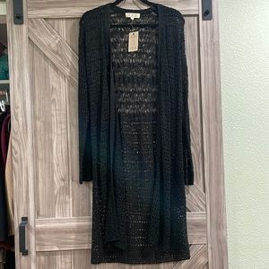 Pink Rose crocheted black cardigan.